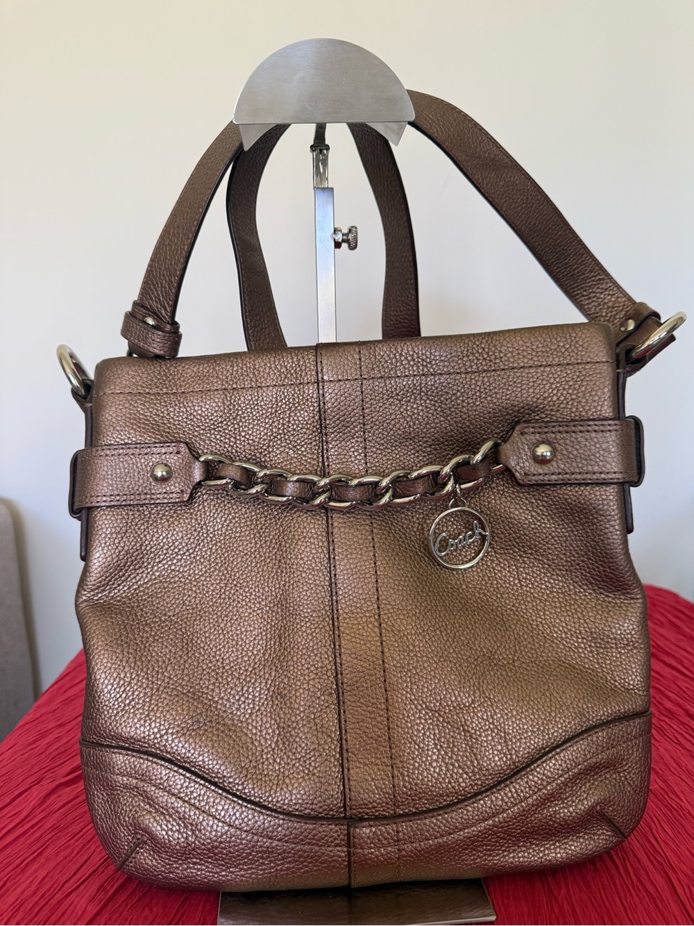 Coach Metallic Bronze Pebbled Leather Shoulder Bag with Chain Accent